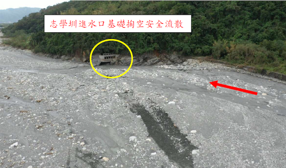 民國113 年康芮颱風過境，造成木瓜溪右岸嚴重刷深致進水